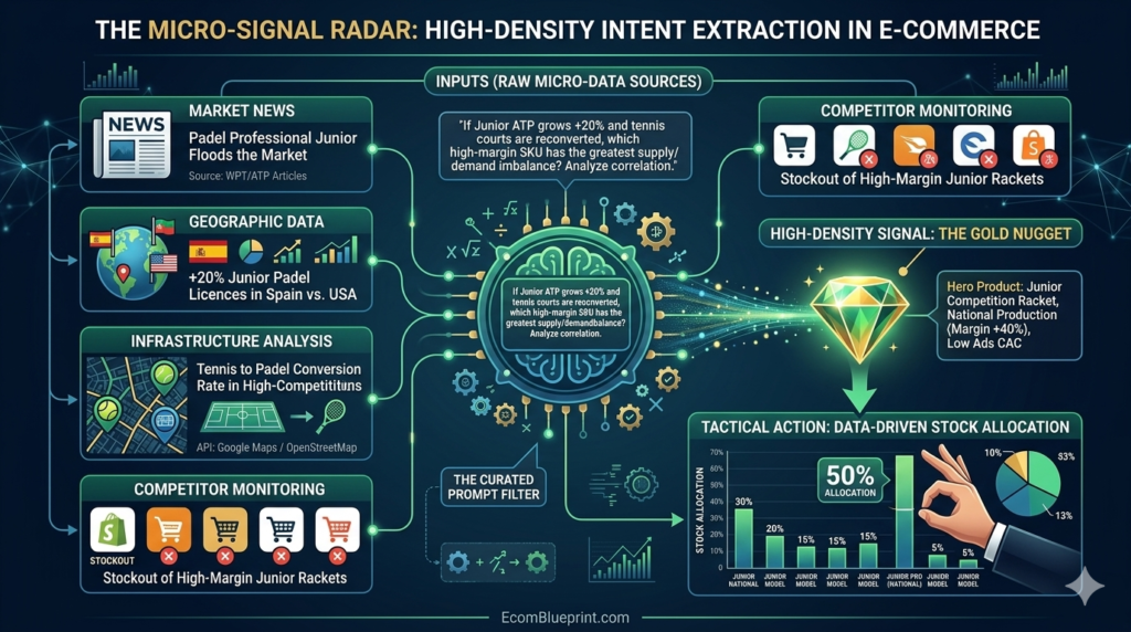 E-commerce data analysis diagram, 'The Micro-Signal Radar', showing 'Raw Micro-Data Sources' (news, geography, geography, infrastructure, competitor monitoring) filtered by 'Curated Prompts' to extract a high-density intent 'Gold Nugget' signal. Visualizes tactical action and data-driven stock allocation, prioritizing a '+40% margin' Junior Competition Racket with '50% allocation'.